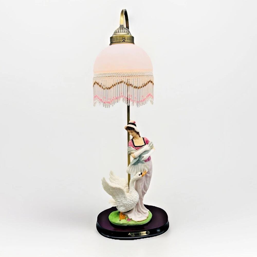 VTG Corsa Collection Victorian Swan Lady Lamp Frosted Glass Shade Beaded Fringe